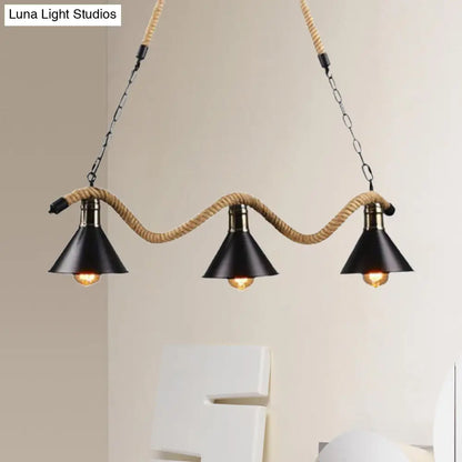 DecorBites™ Black Metal & Rope Pendant Light - Farmhouse Style with Wavy Conic Design, 3/5 Bulbs
