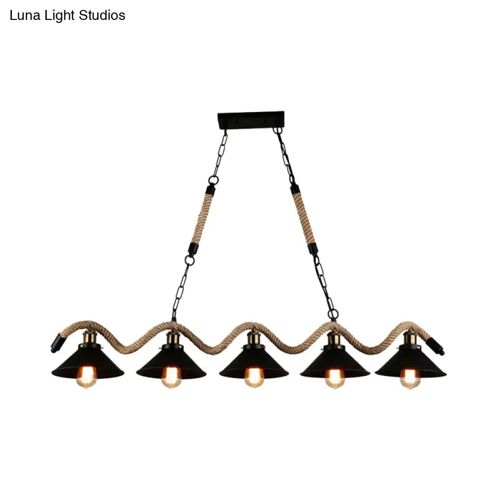 DecorBites™ Black Metal & Rope Pendant Light - Farmhouse Style with Wavy Conic Design, 3/5 Bulbs