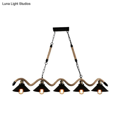 DecorBites™ Black Metal & Rope Pendant Light - Farmhouse Style with Wavy Conic Design, 3/5 Bulbs
