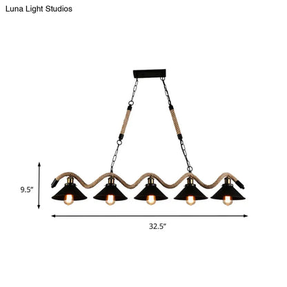 DecorBites™ Black Metal & Rope Pendant Light - Farmhouse Style with Wavy Conic Design, 3/5 Bulbs