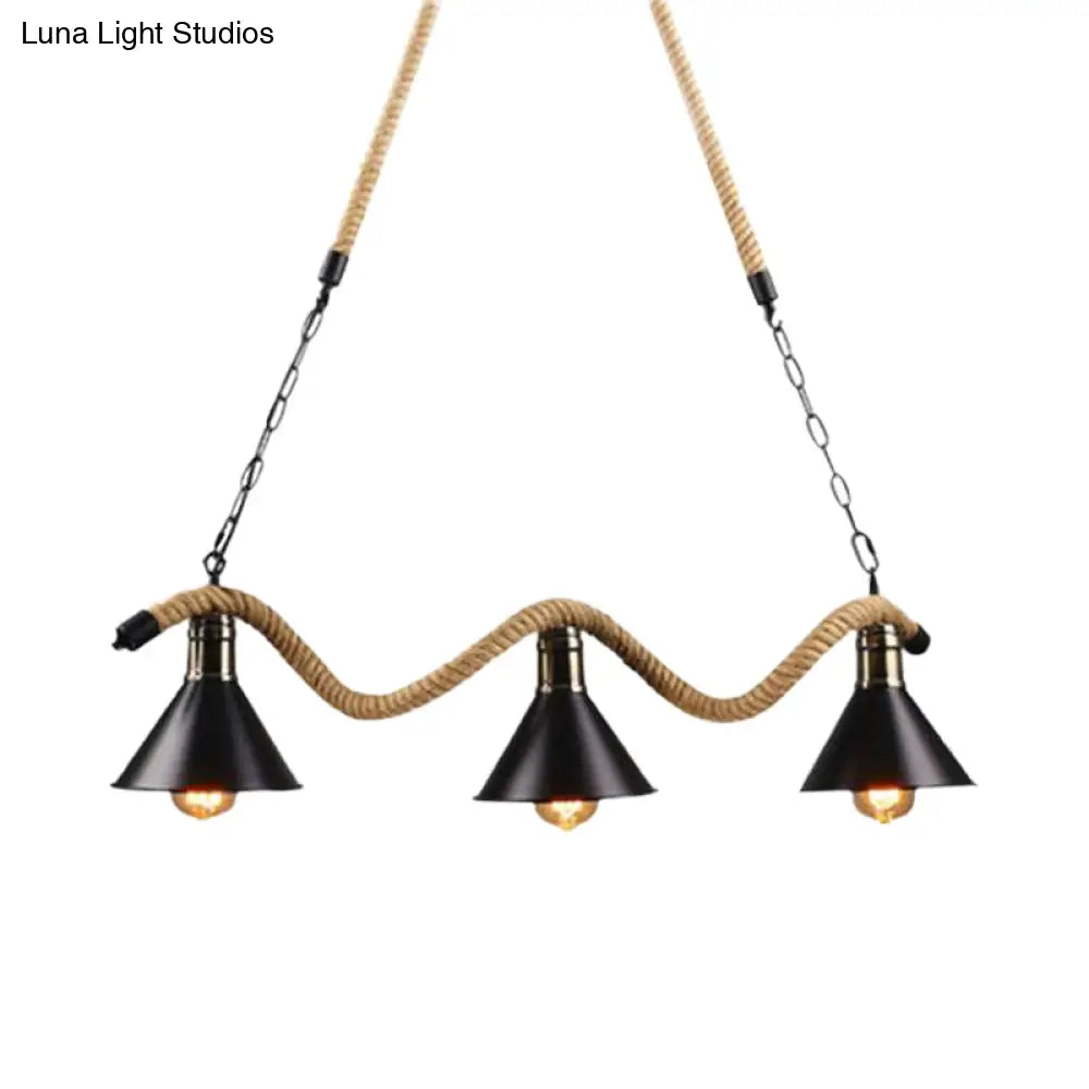 DecorBites™ Black Metal & Rope Pendant Light - Farmhouse Style with Wavy Conic Design, 3/5 Bulbs