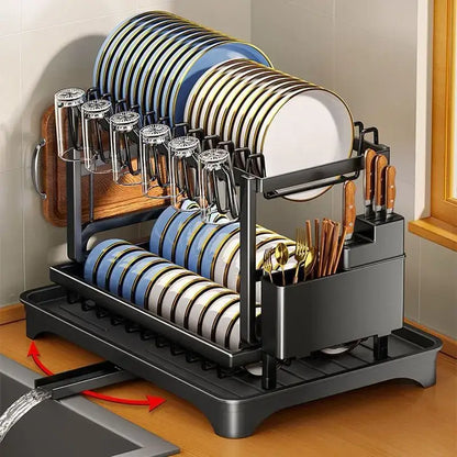 Black metal tiered kitchen dish drainer and storage rack