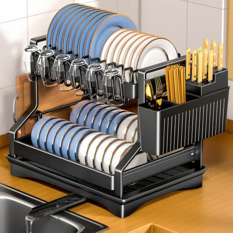 Black metal tiered kitchen dish drainer and storage rack