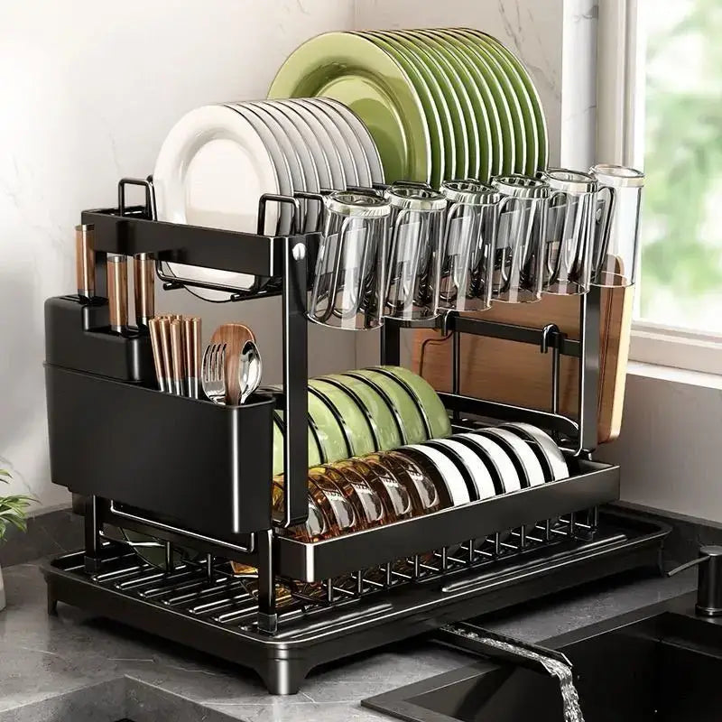 Black metal tiered kitchen dish drainer and storage rack