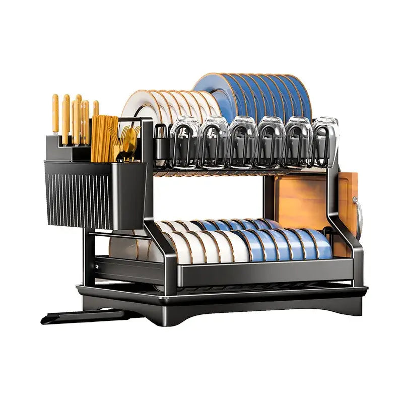 Black metal tiered kitchen dish drainer and storage rack