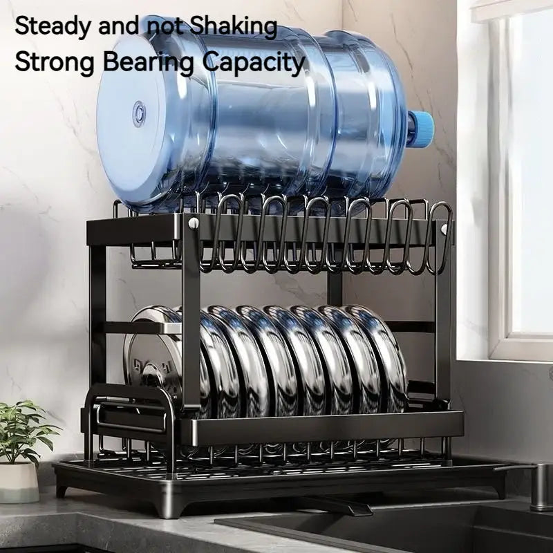 Black metal tiered kitchen dish drainer and storage rack