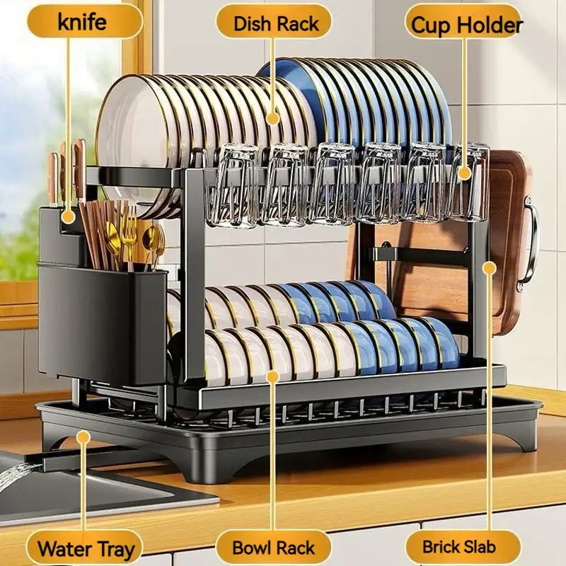 Black metal tiered kitchen dish drainer and storage rack
