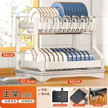 Black metal tiered kitchen dish drainer and storage rack