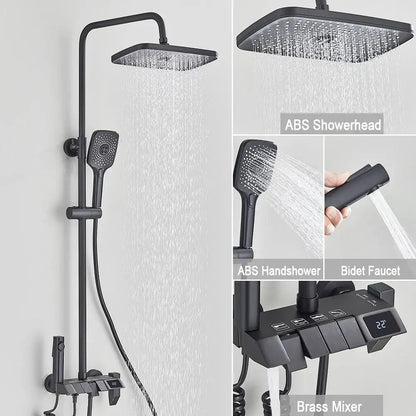 Black piano digital shower system with brass faucets for bathroom