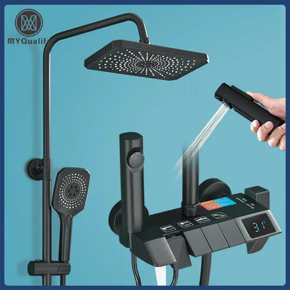 Black piano digital shower system with brass faucets for bathroom