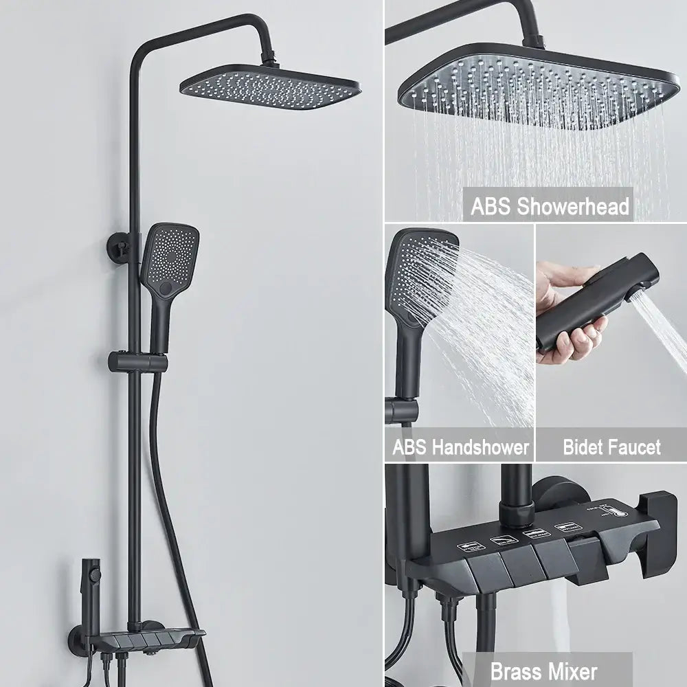 Black piano digital shower system with brass faucets for bathroom