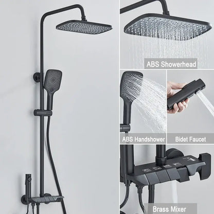 Black piano digital shower system with brass faucets for bathroom