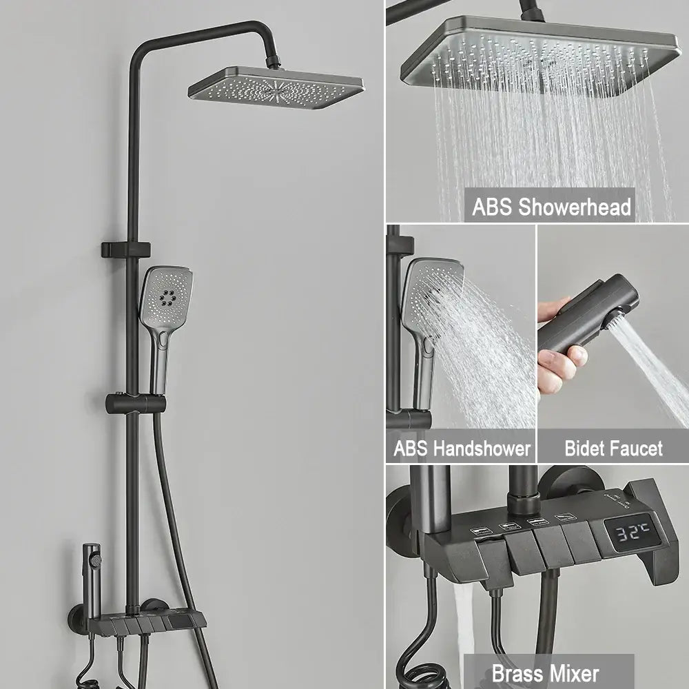 Black piano digital shower system with brass faucets for bathroom