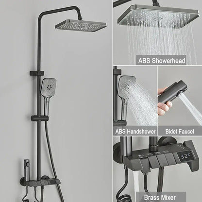 Black piano digital shower system with brass faucets for bathroom