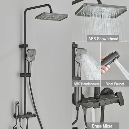Black piano digital shower system with brass faucets for bathroom
