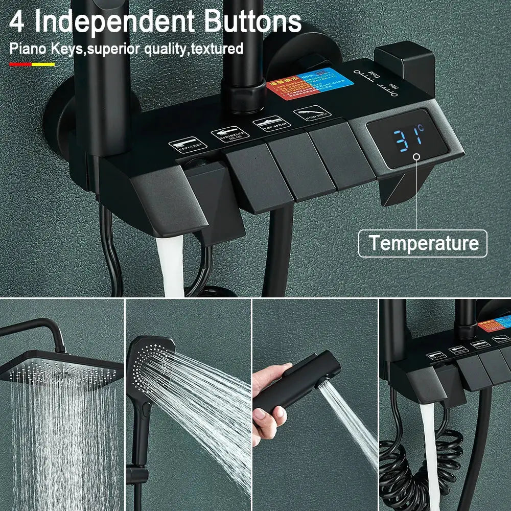 Black piano digital shower system with brass faucets for bathroom