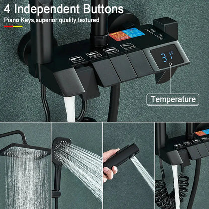 Black piano digital shower system with brass faucets for bathroom