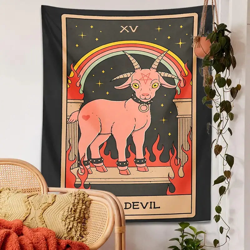 Black & pink devil tarot goat wall hanging tapestry for dorm room