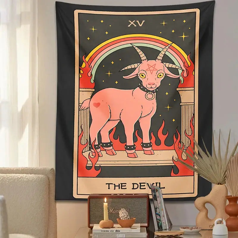 Black & pink devil tarot goat wall hanging tapestry for dorm room