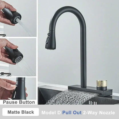 Black rainwater kitchen faucet matte black and gold pull out tap