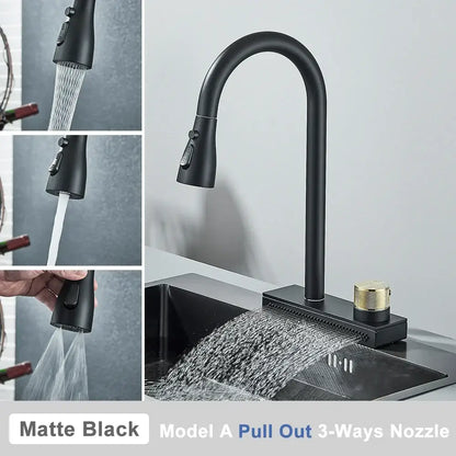 Black rainwater kitchen faucet matte black and gold pull out tap