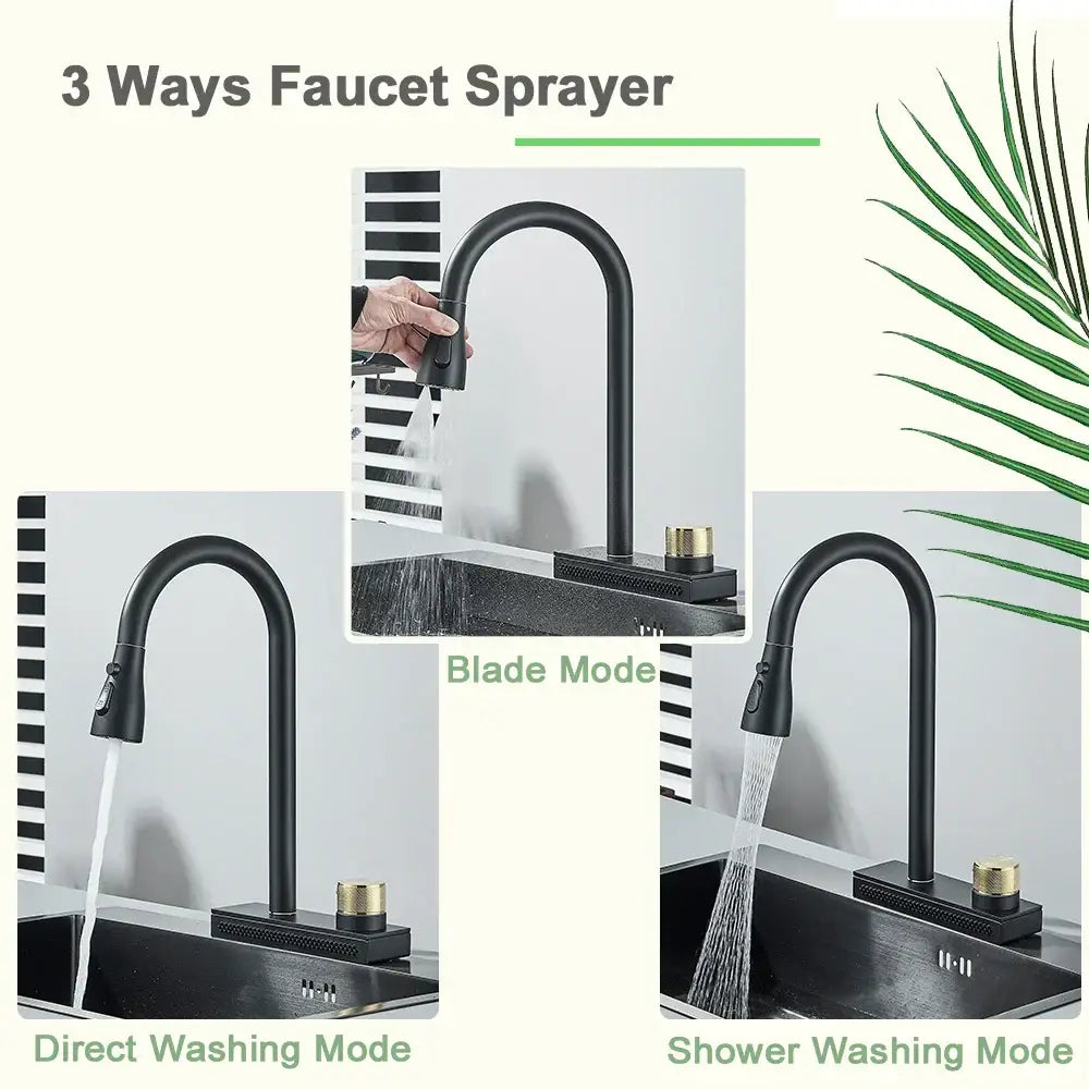 Black rainwater kitchen faucet matte black and gold pull out tap