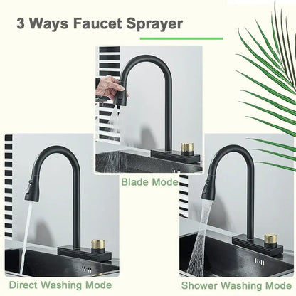 Black rainwater kitchen faucet matte black and gold pull out tap