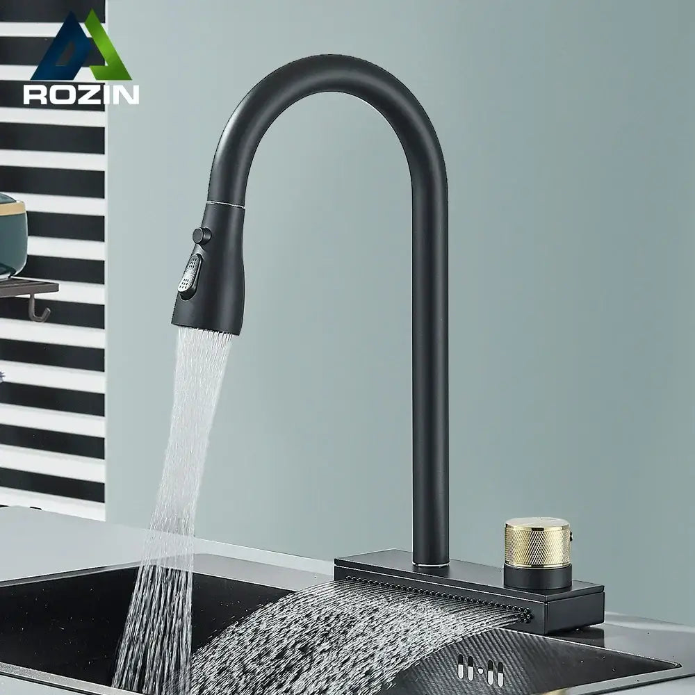 Black rainwater kitchen faucet matte black and gold pull out tap