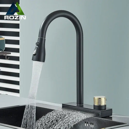 Black rainwater kitchen faucet matte black and gold pull out tap