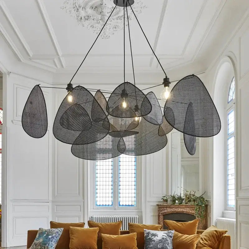 Black rattan ceiling chandelier dining room mesh pendant light