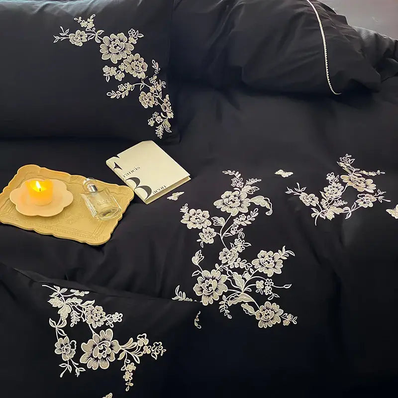 Black satin cotton flowers embroidery bedding set bedroom