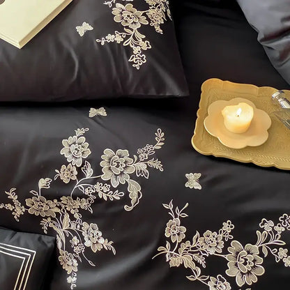 Black satin cotton flowers embroidery bedding set bedroom