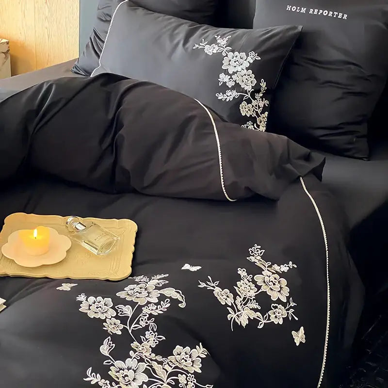 Black satin cotton flowers embroidery bedding set bedroom