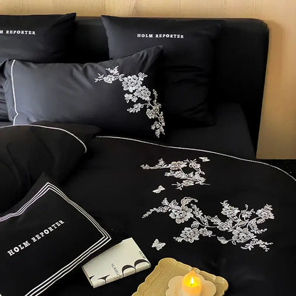 Black satin cotton flowers embroidery bedding set bedroom