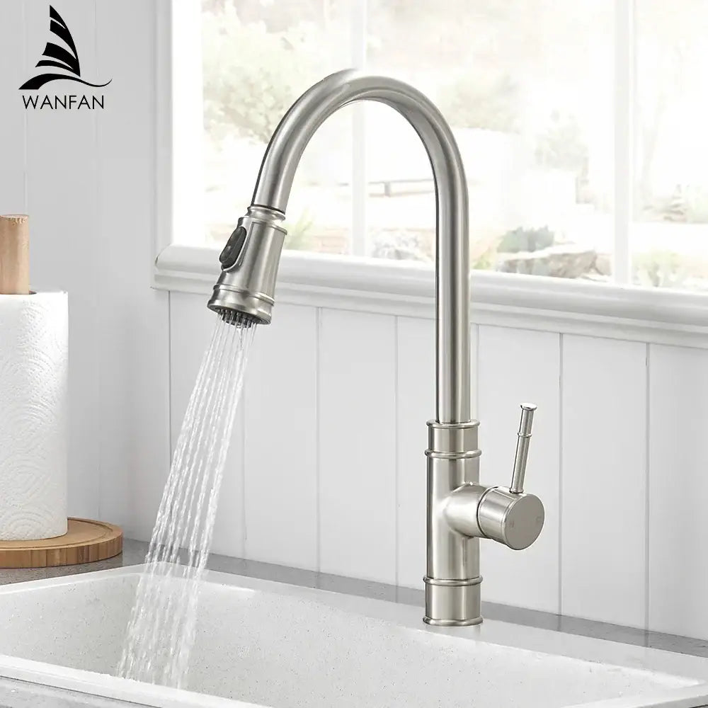 Black single handle pull out kitchen faucet with swivel spout