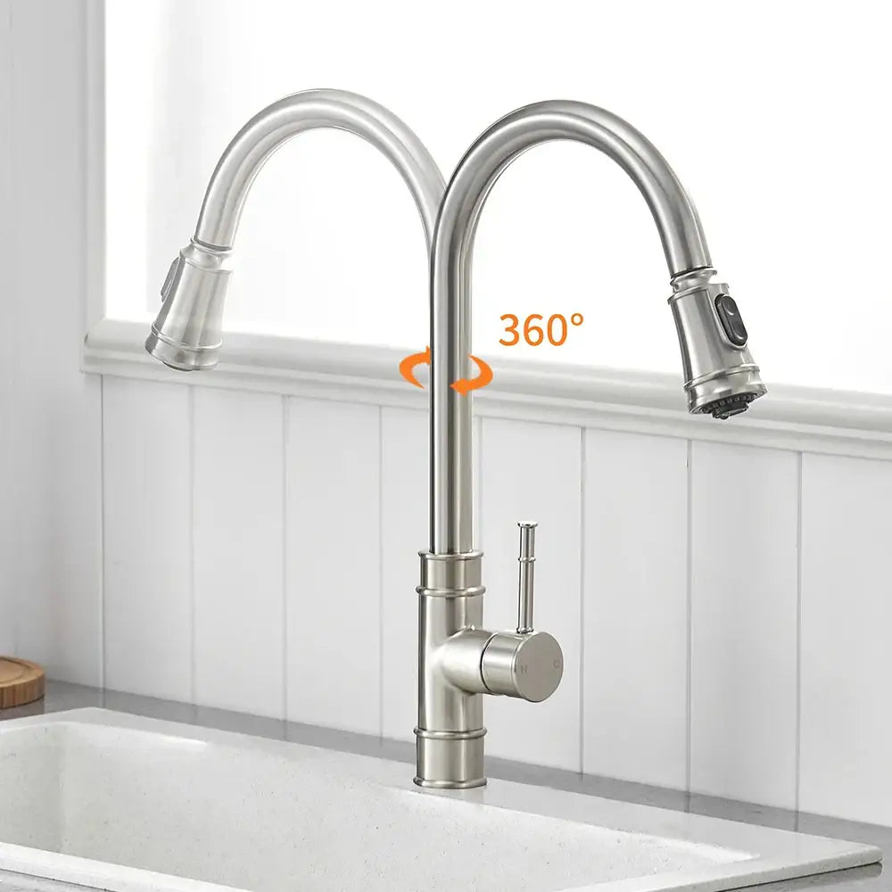 Black single handle pull out kitchen faucet with swivel spout