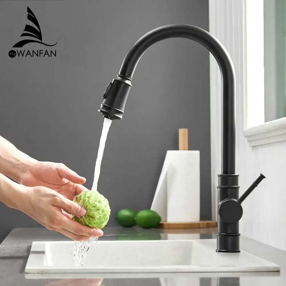 Black single handle pull out kitchen faucet with swivel spout