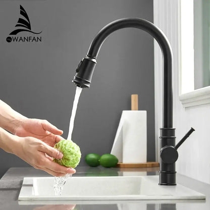 Black single handle pull out kitchen faucet with swivel spout