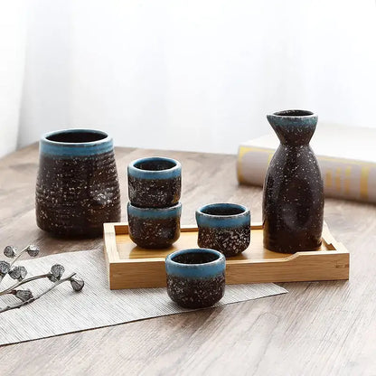 Black speckled ceramic wine sake set with heater for dining room