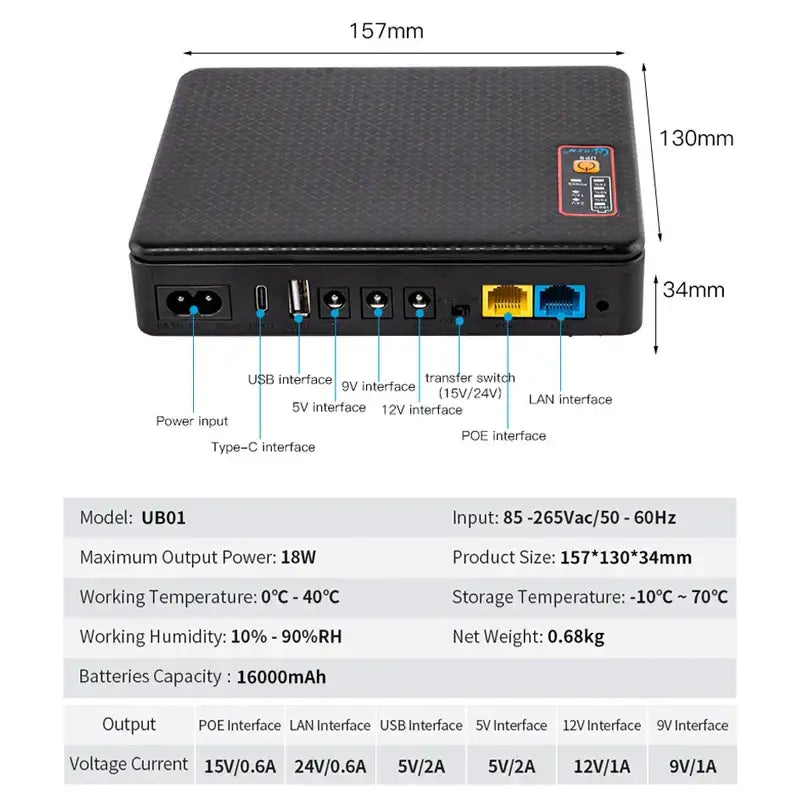 Black textured mini ups backup battery office router power supply