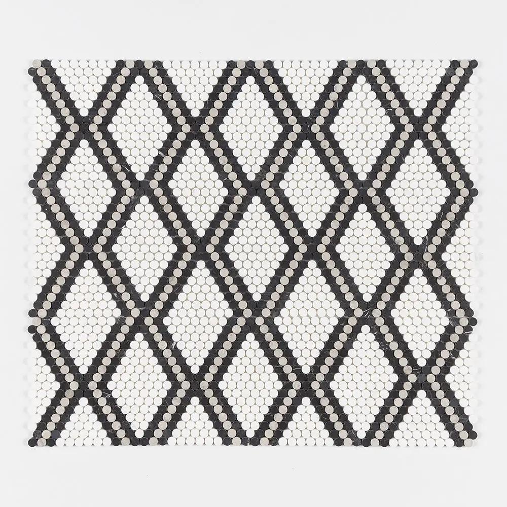 Black, Thala Gray, Bianco Dolomiti Honed Penny Round Diamond 1 Marble Mosaics 11 27/64x10 15/64