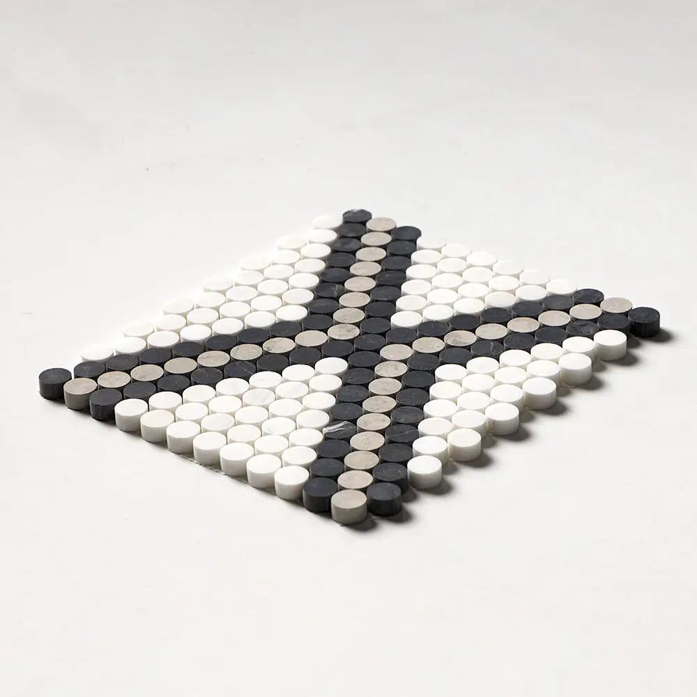Black, Thala Gray, Bianco Dolomiti Honed Penny Round Diamond 1 Marble Mosaics 11 27/64x10 15/64
