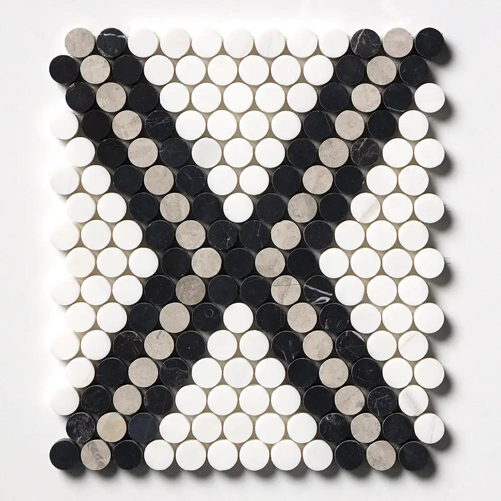 Black, Thala Gray, Bianco Dolomiti Honed Penny Round Diamond 1 Marble Mosaics 11 27/64x10 15/64