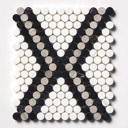Black, Thala Gray, Bianco Dolomiti Honed Penny Round Diamond 1 Marble Mosaics 11 27/64x10 15/64