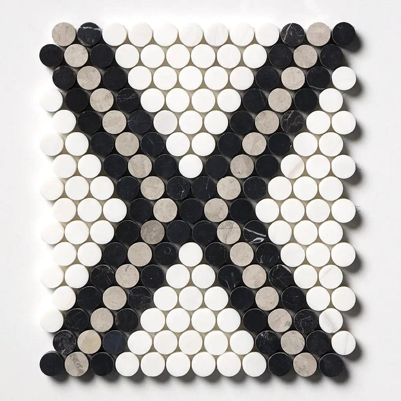 Black, Thala Gray, Bianco Dolomiti Honed Penny Round Diamond 1 Marble Mosaics 11 27/64x10 15/64