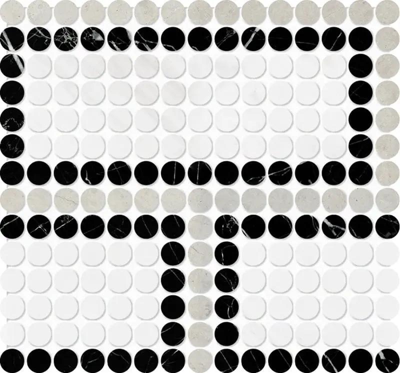 Black, Thala Gray, Bianco Dolomiti Honed Penny Round Offset 1 Marble Mosaics 11 1/32x12 13/64