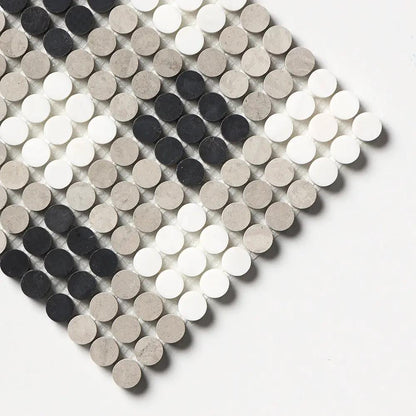 Black, Thala Gray, Bianco Dolomiti Honed Penny Round Plaid 1 Marble Mosaics 9 27/32x9 27/32
