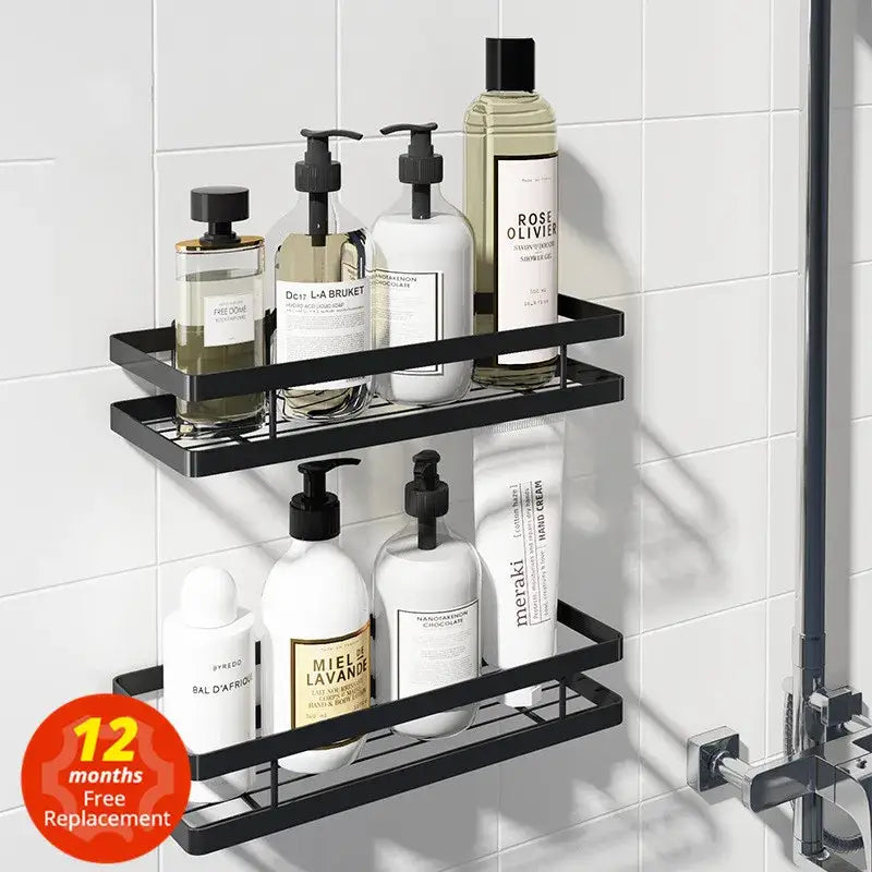 Black two tier metal bathroom shelf shower storage basket