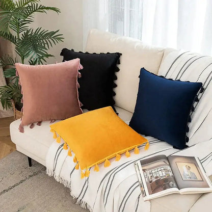 Black velvet tassel fringe pillow cover for living room sofa