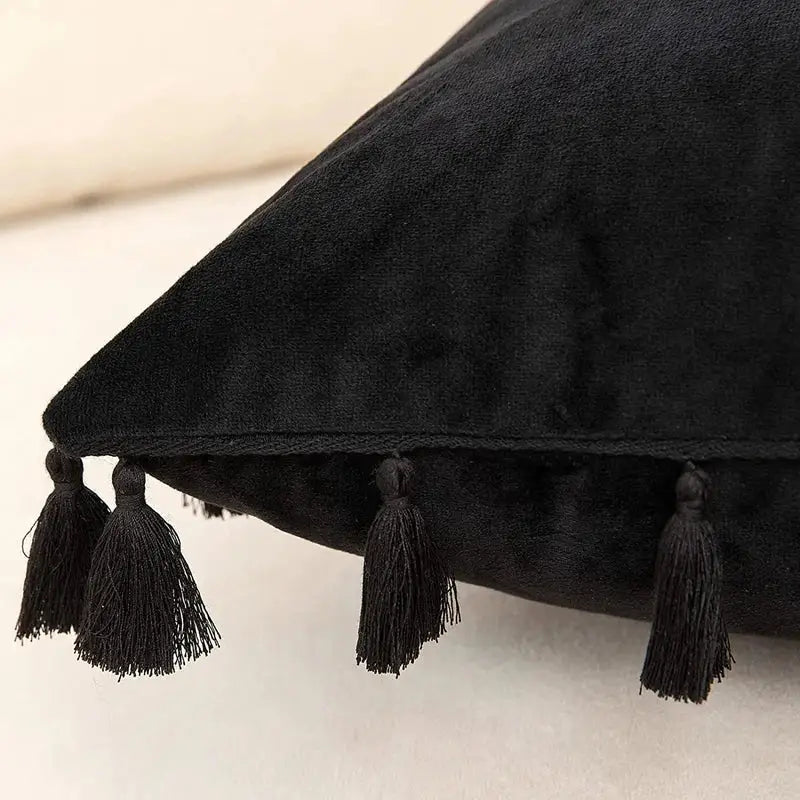 Black velvet tassel fringe pillow cover for living room sofa